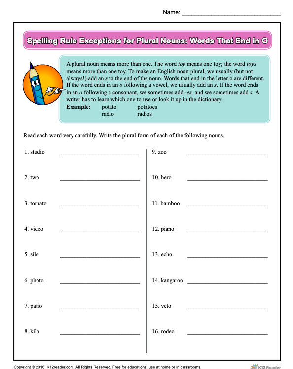 Spelling Rule Exceptions for Plural Nouns: Words That End in O Worksheet