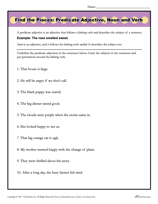 Find the Pieces: Predicate Adjective, Noun and Verb Worksheet