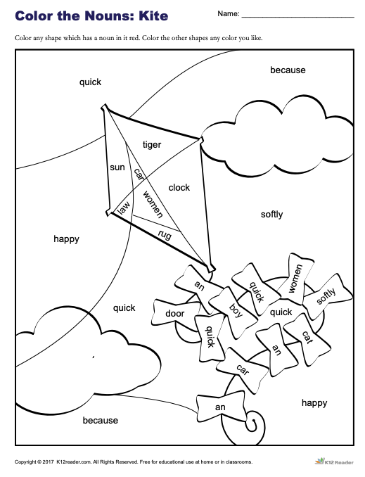 Color the Nouns: Kite Worksheet