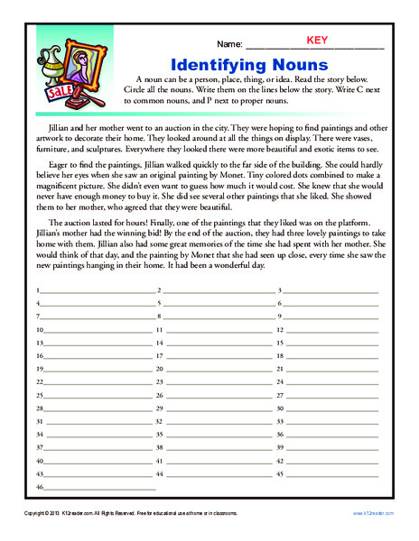 Identifying Nouns Worksheet