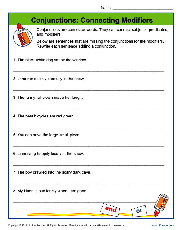 Conjunctions: Connecting Modifiers Worksheet