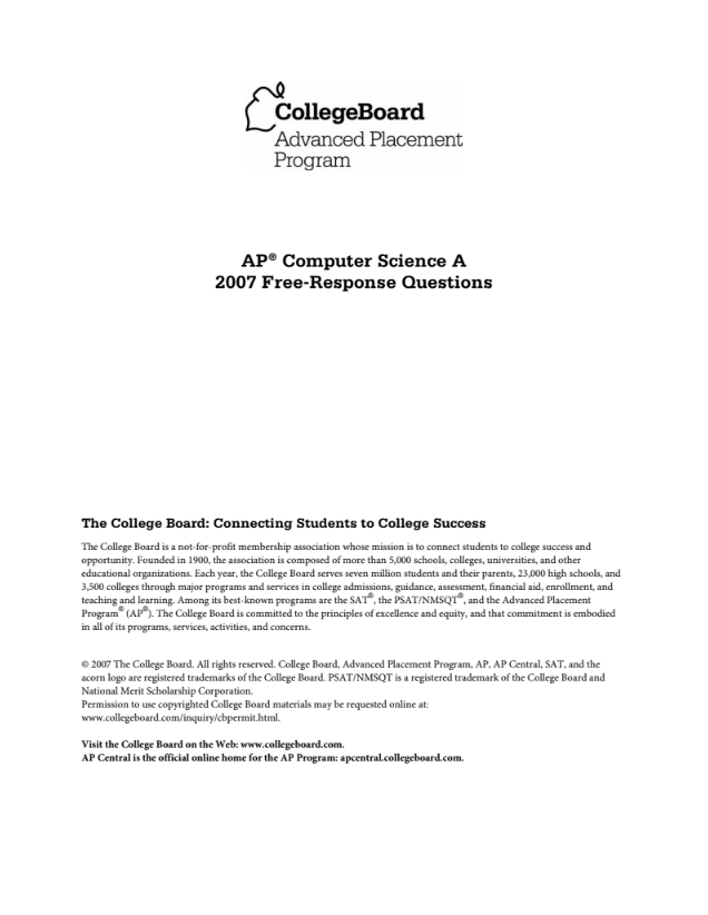 2007 AP® Computer Science A Free-Response Questions AP Test Prep