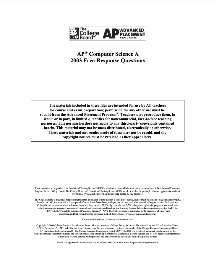 2003 AP® Computer Science A Free-Response Questions AP Test Prep