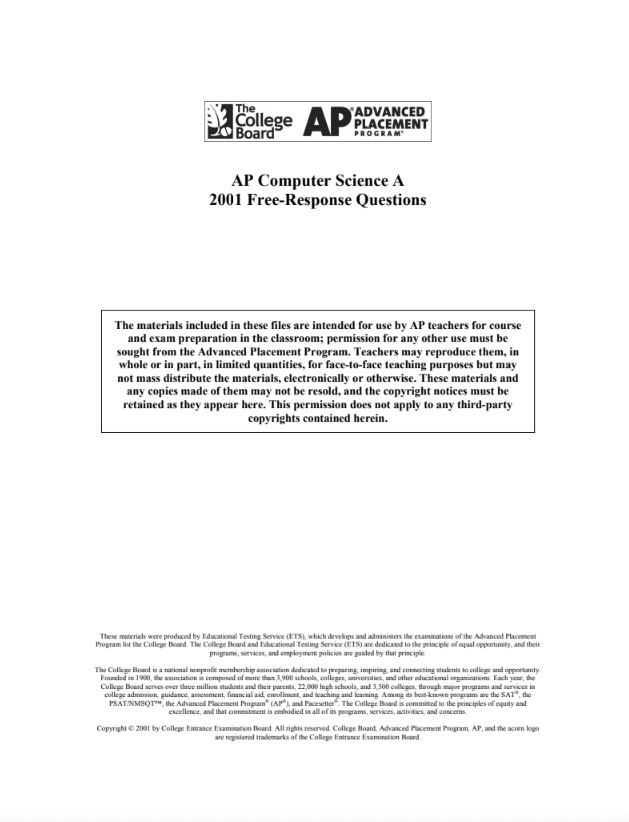 2001 AP® Computer Science A Free-Response Questions AP Test Prep