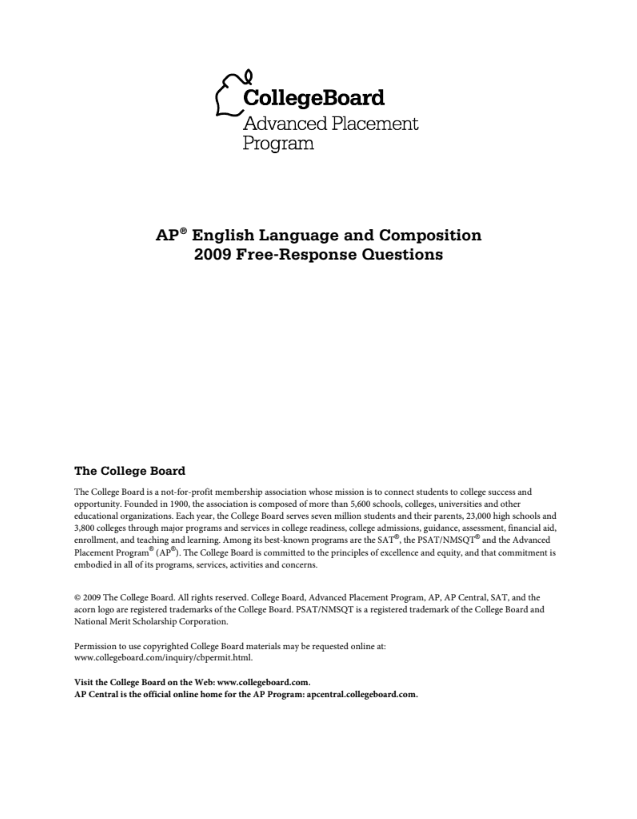 2009 AP® English Language and Composition Free-Response Questions AP Test Prep