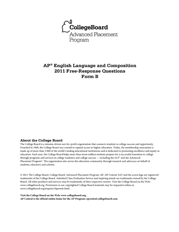 2011 AP® English Language and Composition Free-Response Questions Form B AP Test Prep