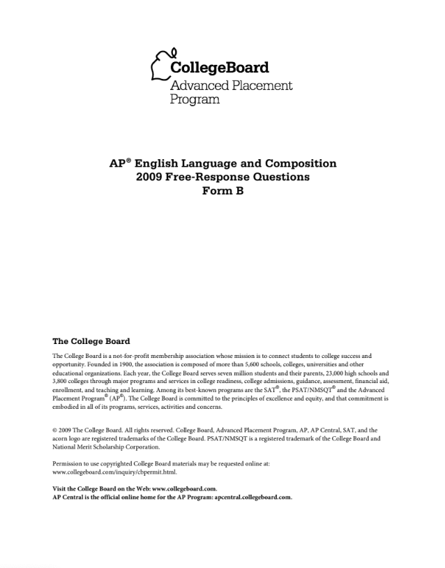 2009 AP® English Language and Composition Free-Response Questions Form B AP Test Prep