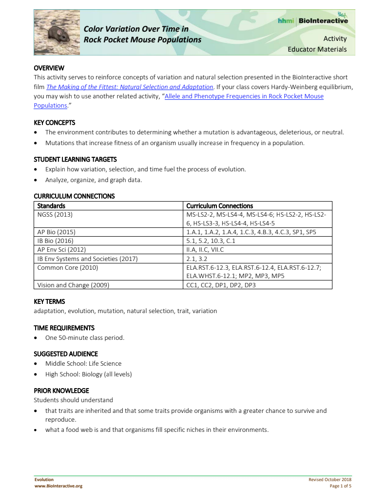 Color Variation Over Time in Rock Pocket Mouse Populations Activity