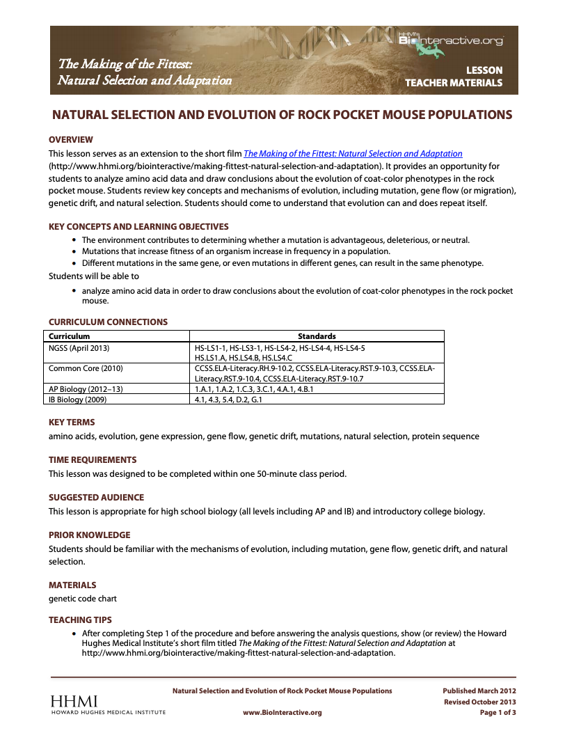 Natural Selection and Evolution of Rock Pocket Mouse Populations Activity