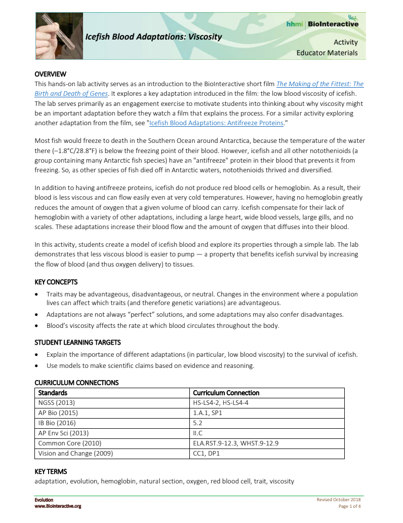 Icefish Blood Adaptations: Viscosity Activity