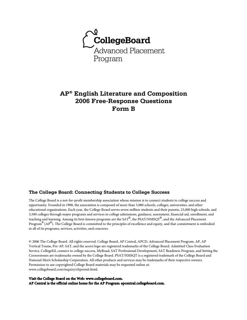 2006 AP® English Literature and Composition Free-Response Questions Form B AP Test Prep