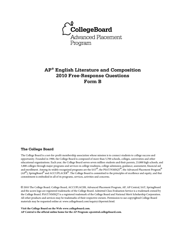 2010 AP® English Literature and Composition Free-Response Questions Form B AP Test Prep