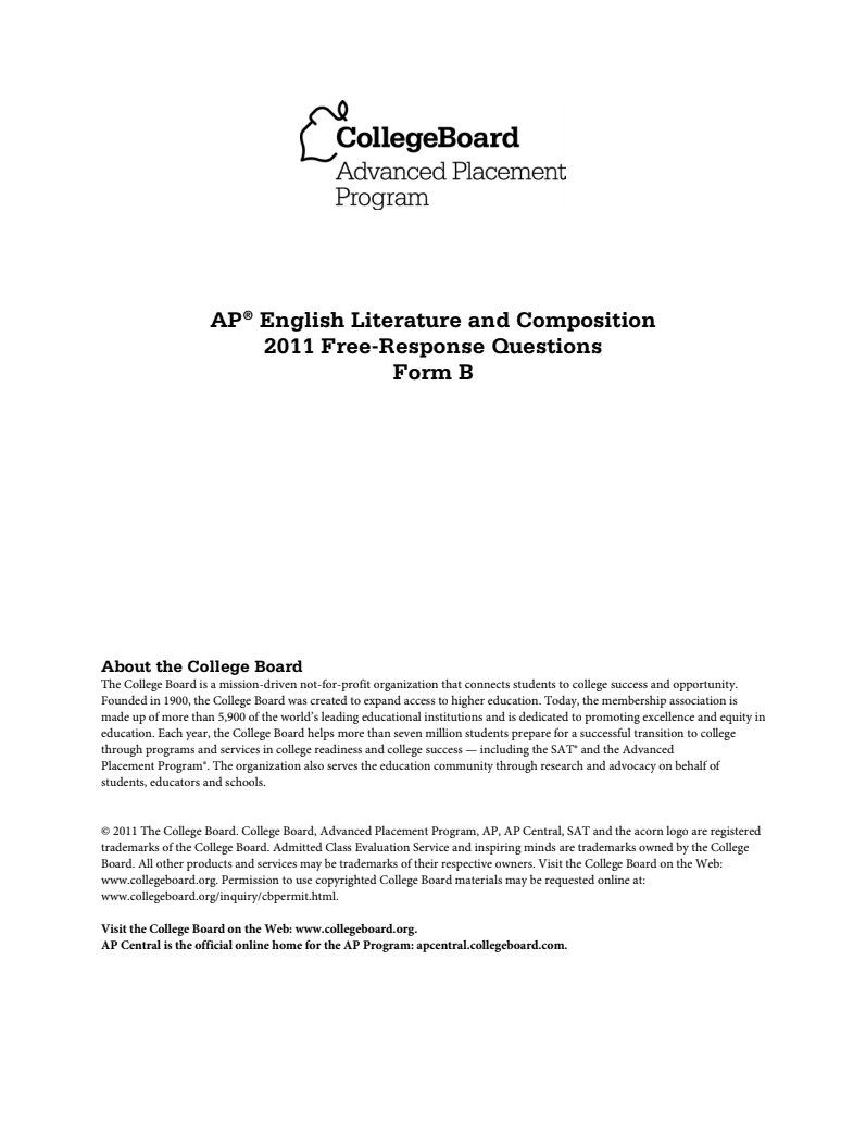 2011 AP® English Literature and Composition Free-Response Questions Form B AP Test Prep