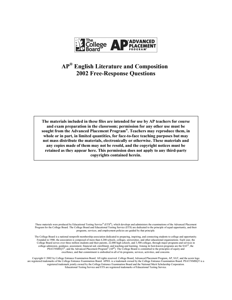 2002 AP® English Literature and Composition Free-Response Questions AP Test Prep