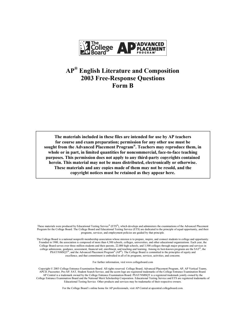 2003 AP® English Literature and Composition Free-Response Questions Form B AP Test Prep
