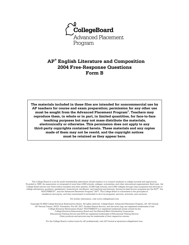 2004 AP® English Literature and Composition Free-Response Questions Form B AP Test Prep