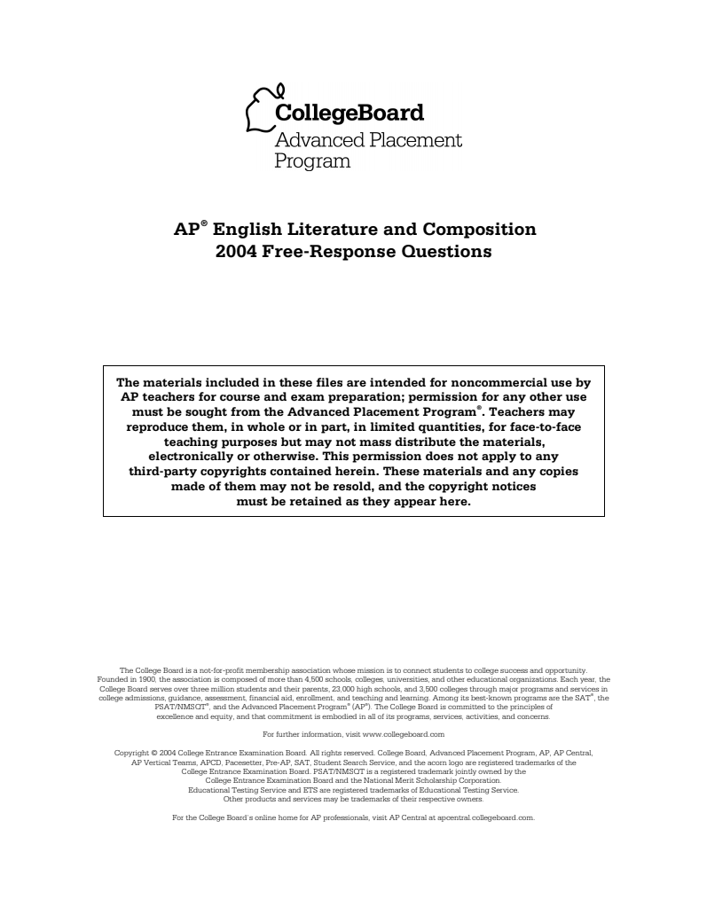 2004 AP® English Literature and Composition Free-Response Questions AP Test Prep