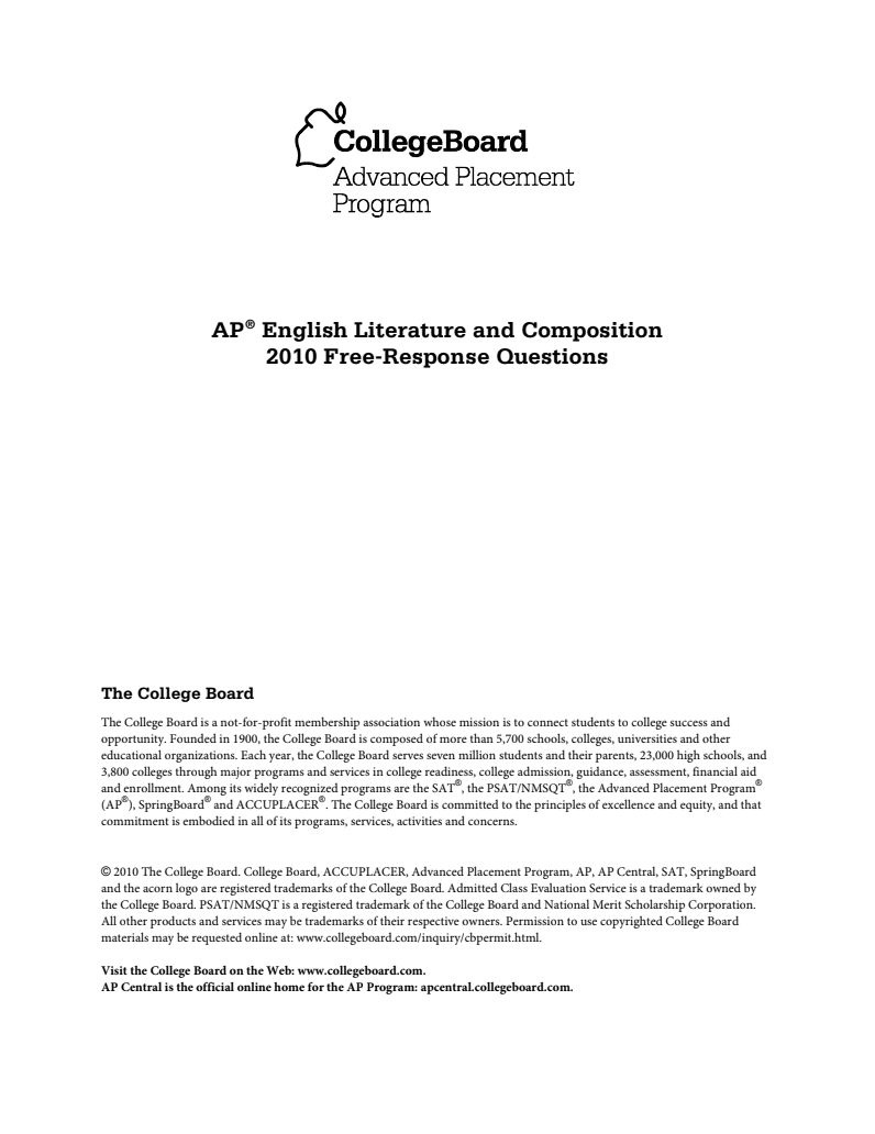 2010 AP® English Literature and Composition Free-Response Questions AP Test Prep