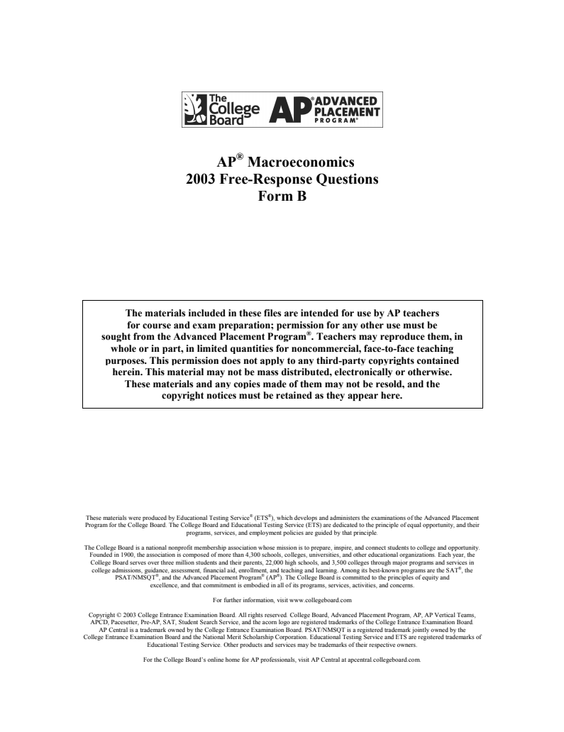 2003 AP® Macroeconomics Free-Response Questions Form B AP Test Prep