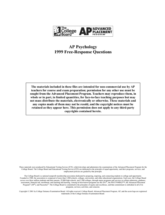1999 AP® Psychology Free-Response Questions AP Test Prep