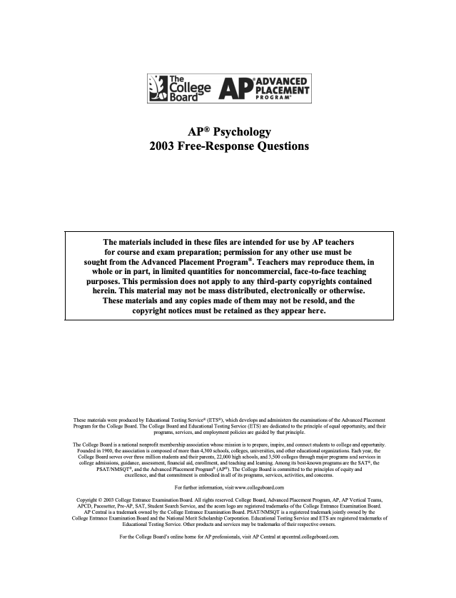 2003 AP® Psychology Free-Response Questions AP Test Prep