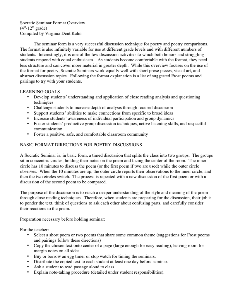 Socratic Seminar Format Overview Lesson Plan
