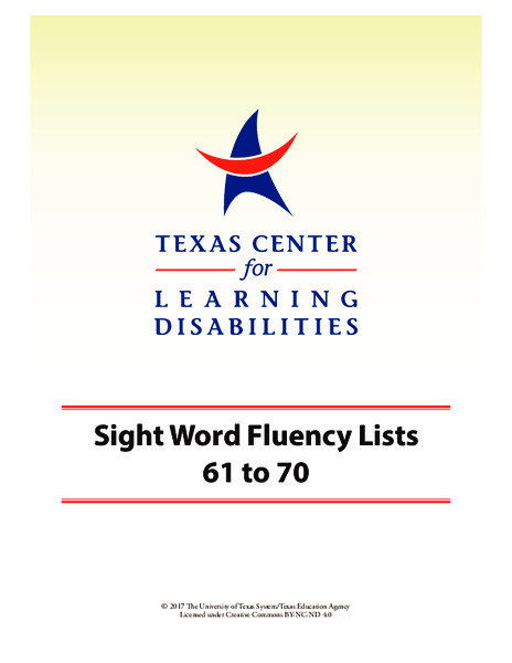 Sight Word Fluency Lists 61 to 70 Worksheet