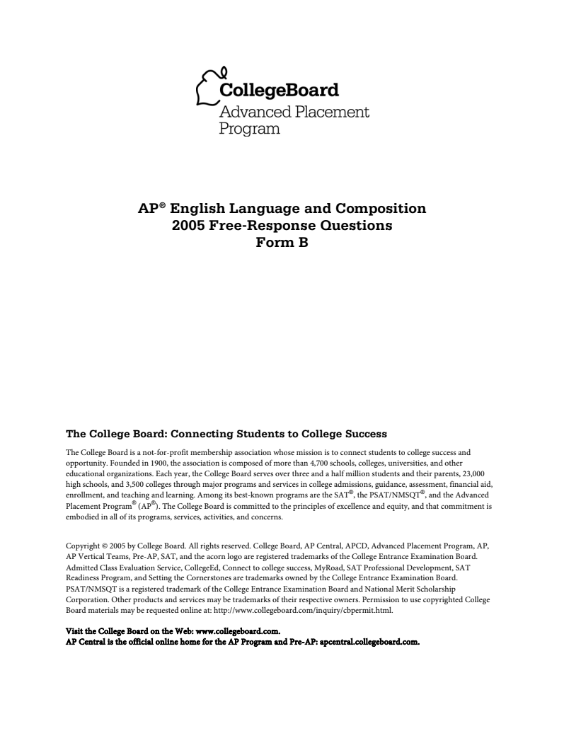2005 AP® English Language and Composition Free-Response Questions Form B AP Test Prep