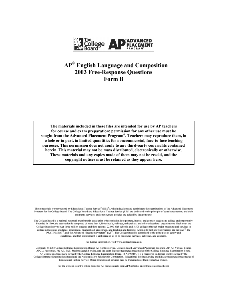 2003 AP® English Language and Composition Free-Response Questions Form B AP Test Prep