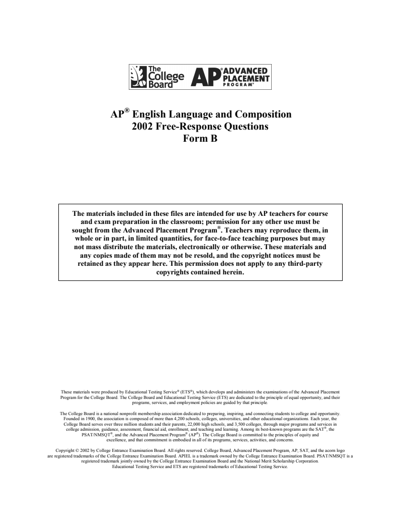 2002 AP® English Language and Composition Free-Response Questions Form B AP Test Prep