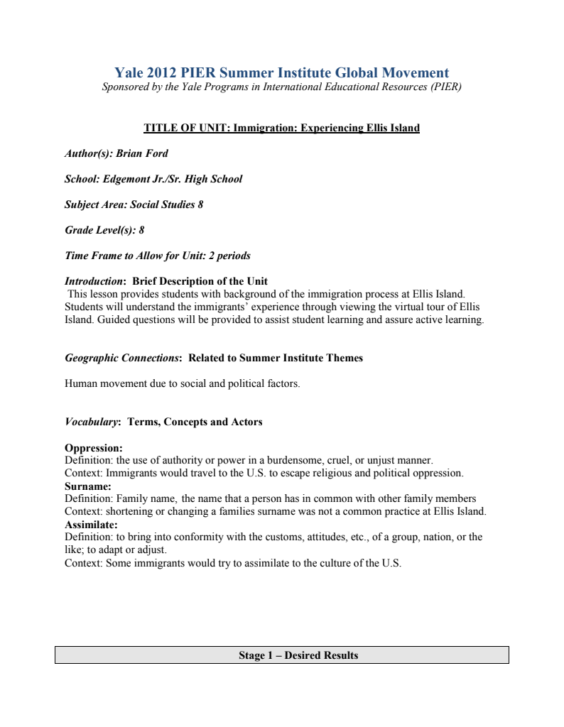 Immigration: Experiencing Ellis Island Lesson Plan