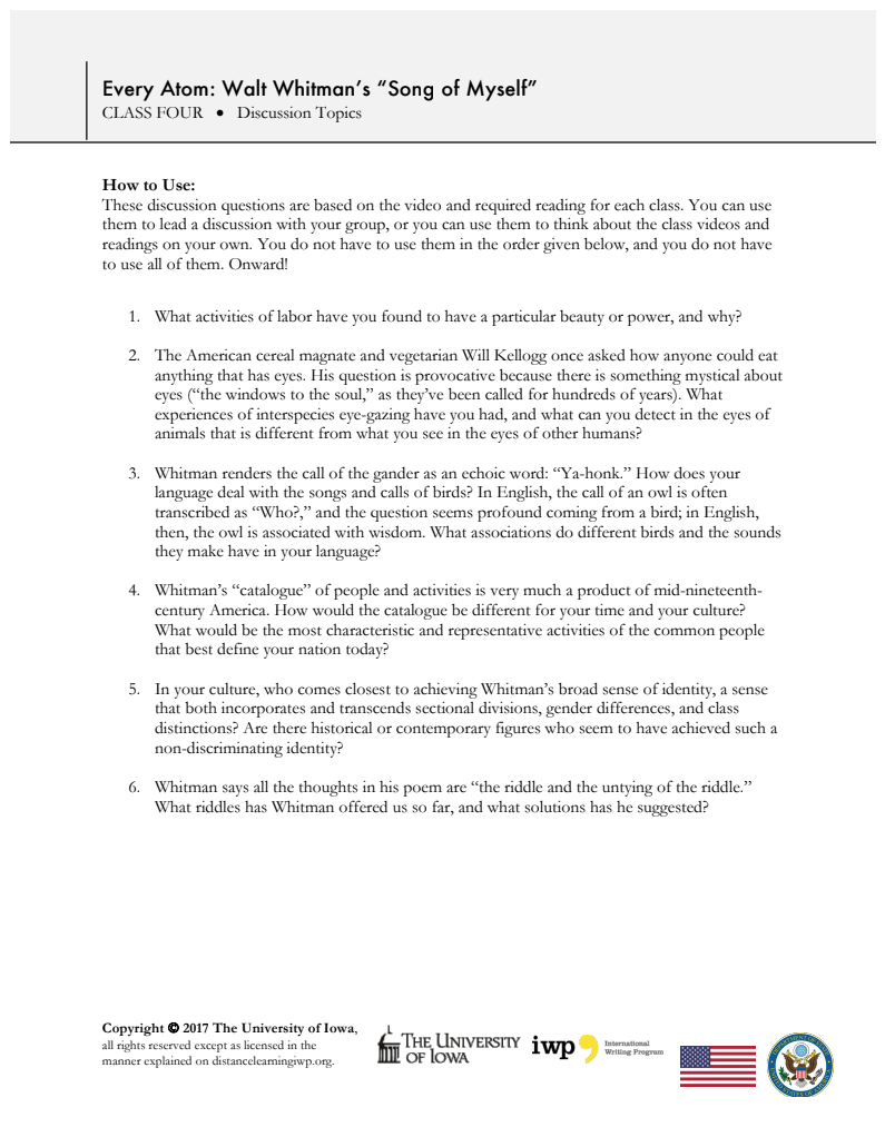 Every Atom: Walt Whitman’s “Song of Myself” Worksheet