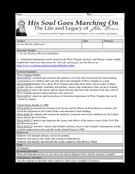 An Act Worthy of Reward Lesson Plan