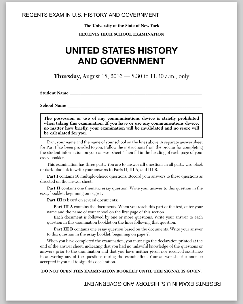 US History and Government Examination: August 2016 Assessment