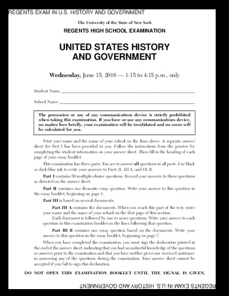 US History and Government Examination: June 2016 Assessment