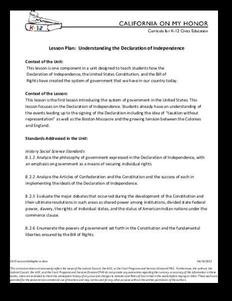 Understanding the Declaration of Independence Unit Plan
