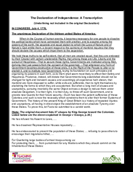 Declaration of Independence: A Transcription Worksheet