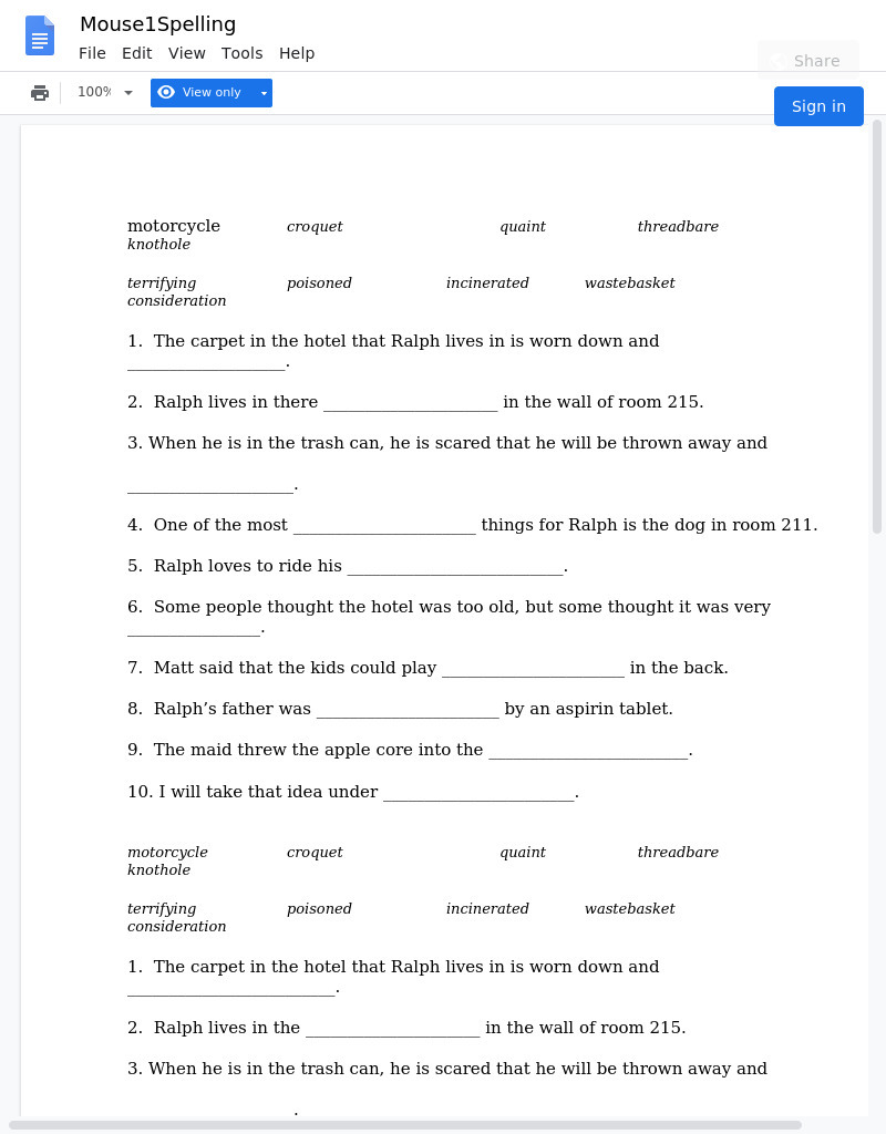 Mouse and the Motorcycle: Vocabulary 1 Worksheet