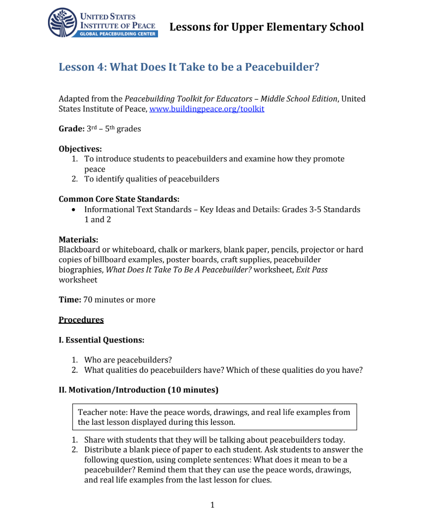What Does It Take to be a Peacebuilder? Lesson Plan