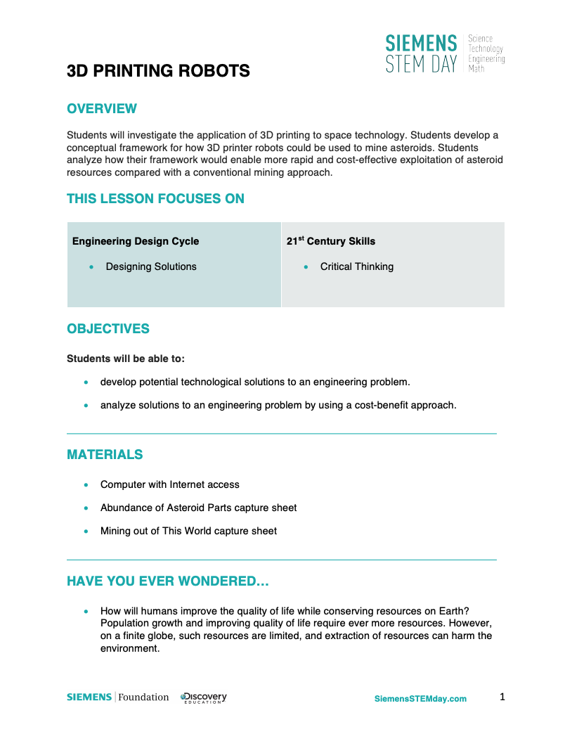 3D Printing Robots Activity