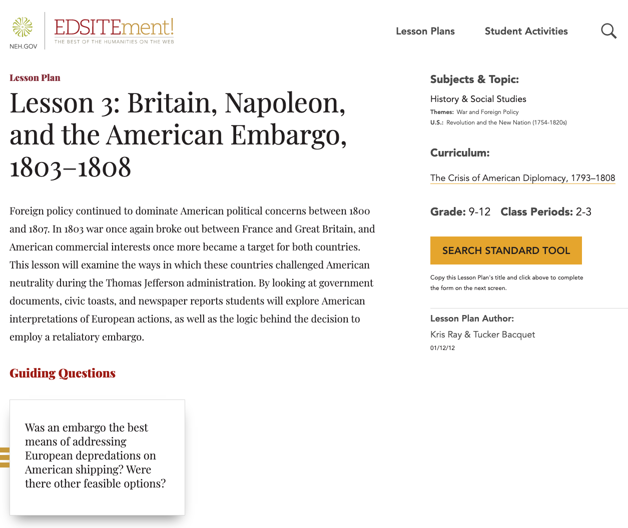 Lesson 3: Britain, Napoleon, and the American Embargo, 1803–1808 Lesson Plan