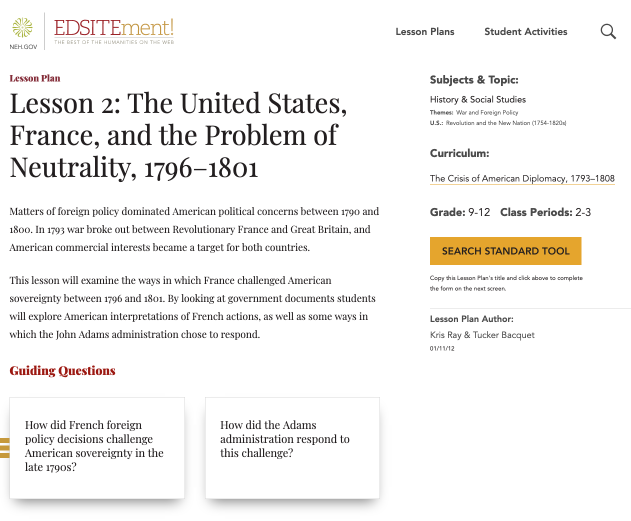 Lesson 2: The United States, France, and the Problem of Neutrality, 1796–1801 Lesson Plan