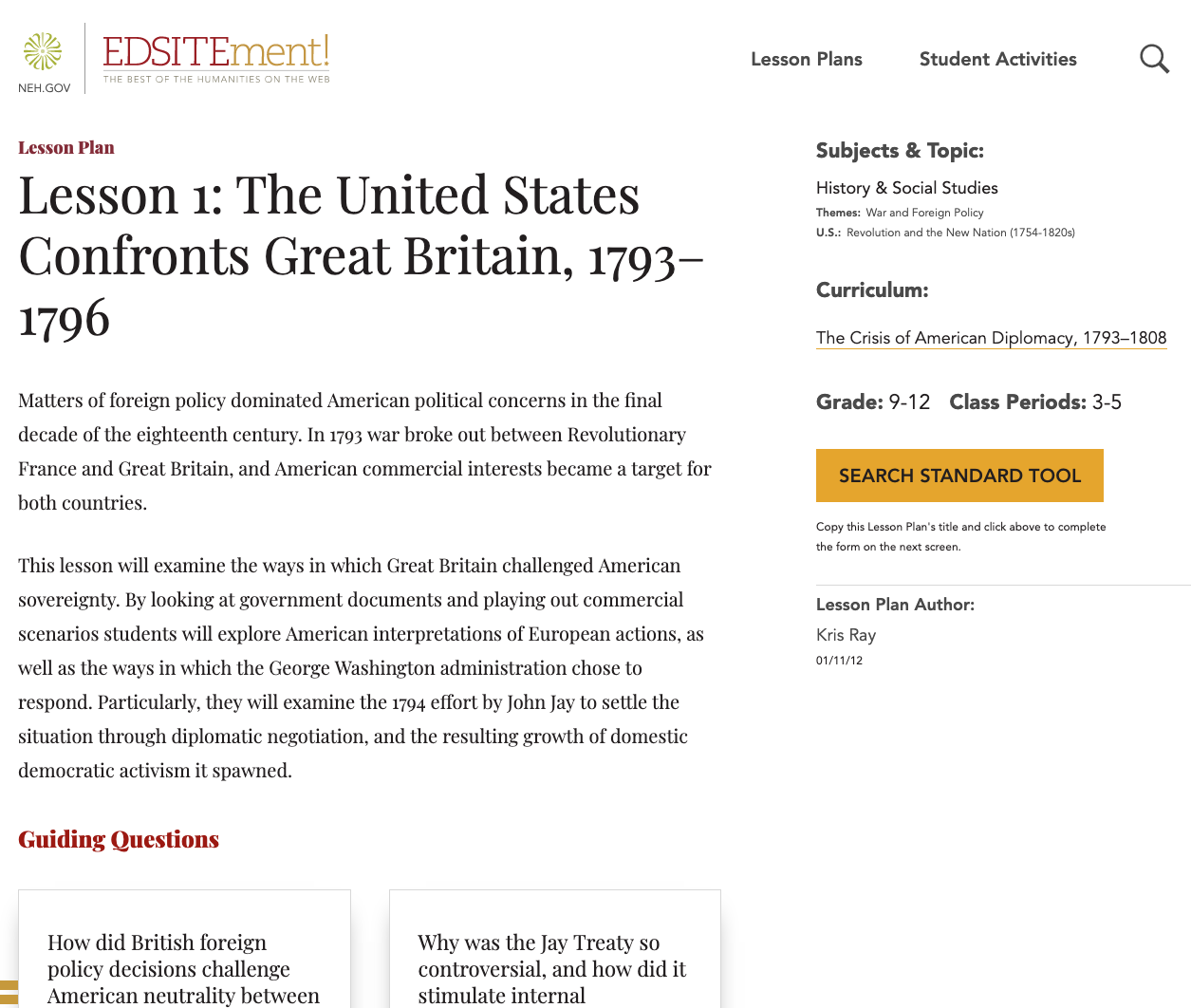 Lesson 1: The United States Confronts Great Britain, 1793–1796 Lesson Plan