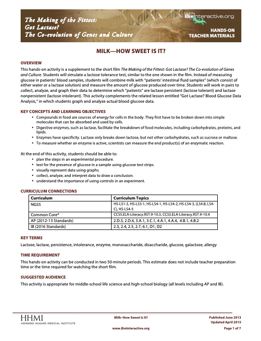 Milk—How Sweet Is It? Activity