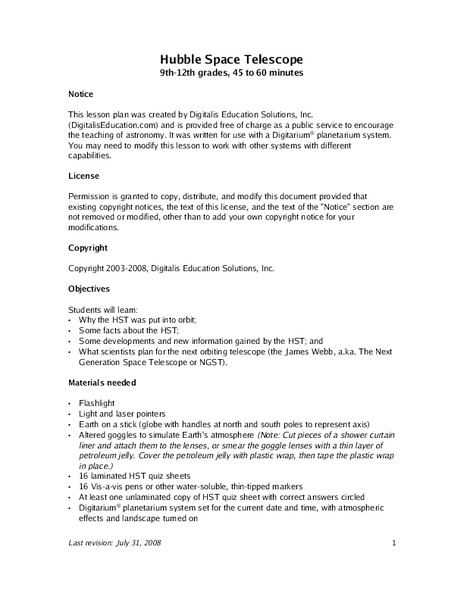 Hubble Space Telescope Lesson Plan