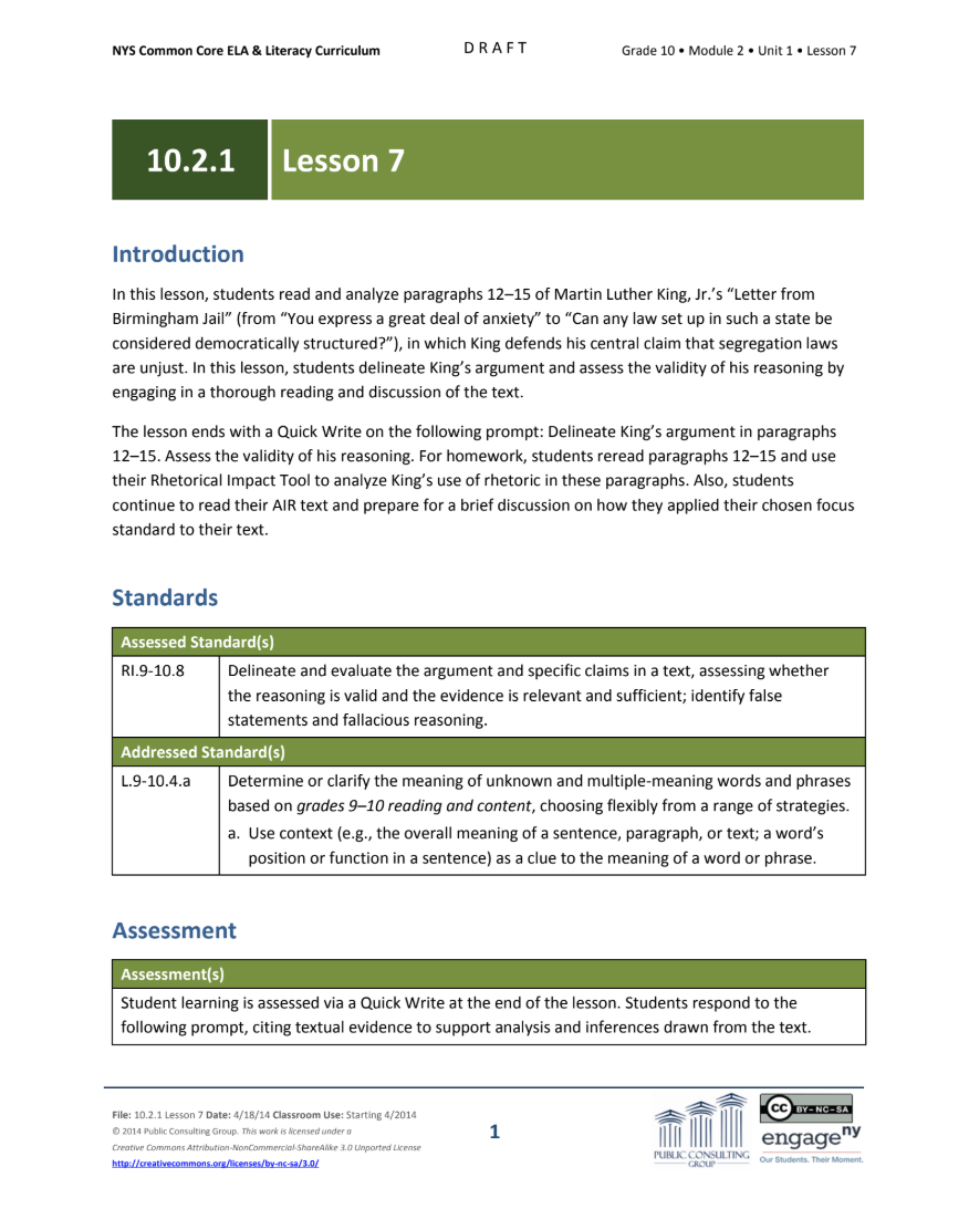 Grade 10 ELA Module 2: Unit 1, Lesson 7 Lesson Plan