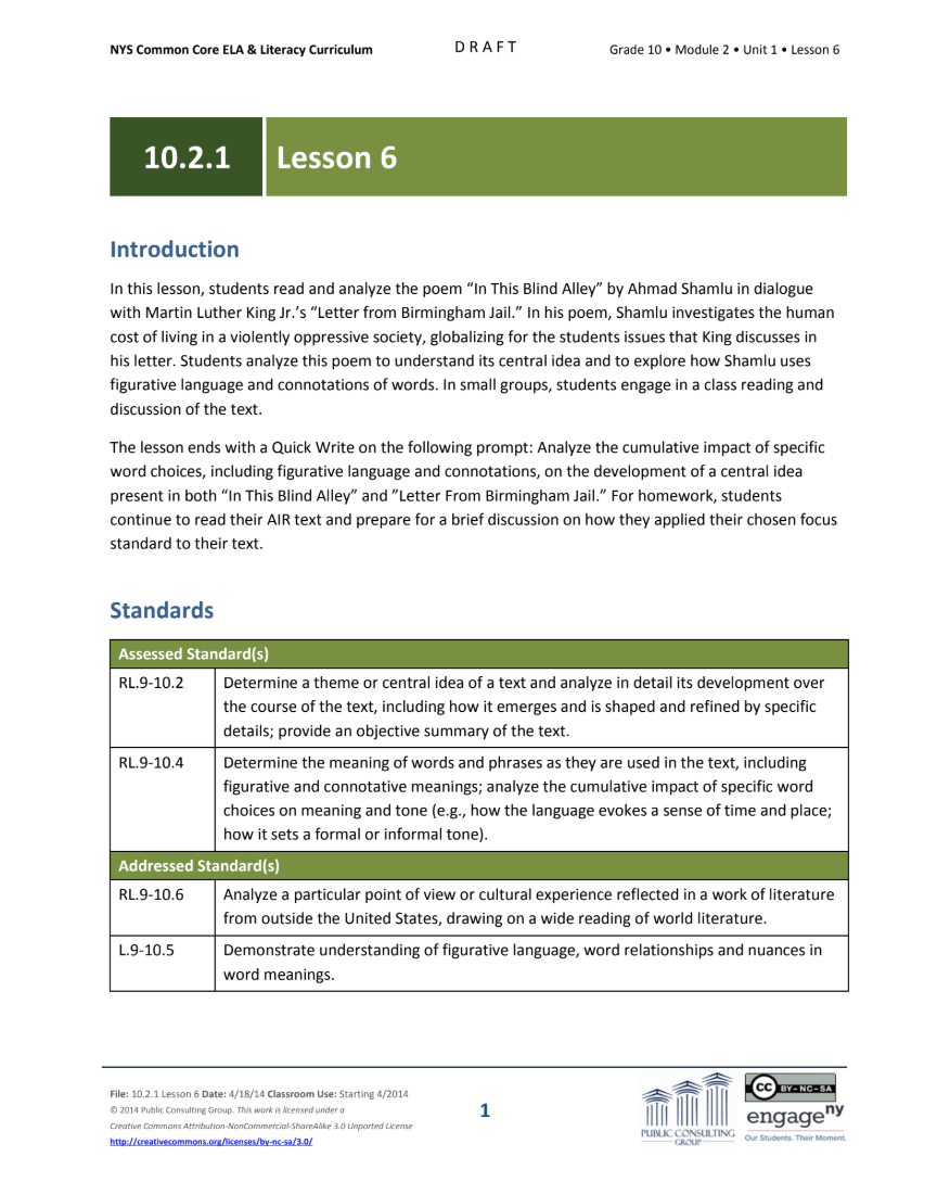 Grade 10 ELA Module 2: Unit 1, Lesson 6 Lesson Plan