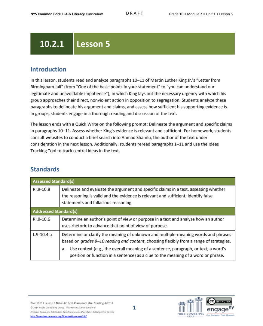 Grade 10 ELA Module 2: Unit 1, Lesson 5 Lesson Plan