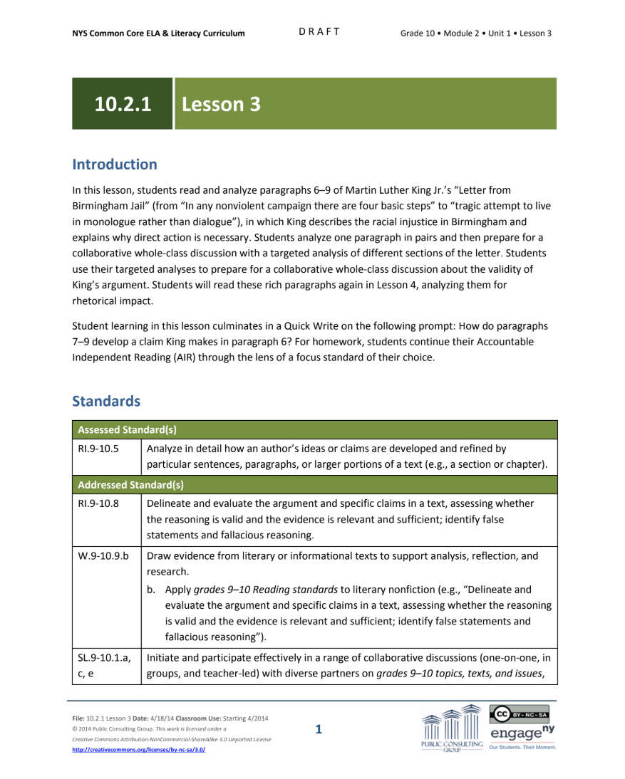 Grade 10 ELA Module 2: Unit 1, Lesson 3 Lesson Plan