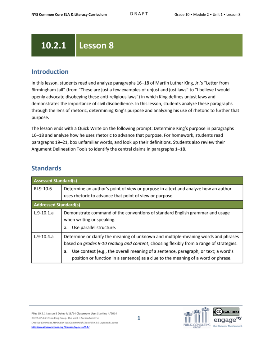 Grade 10 ELA Module 2: Unit 1, Lesson 8 Lesson Plan